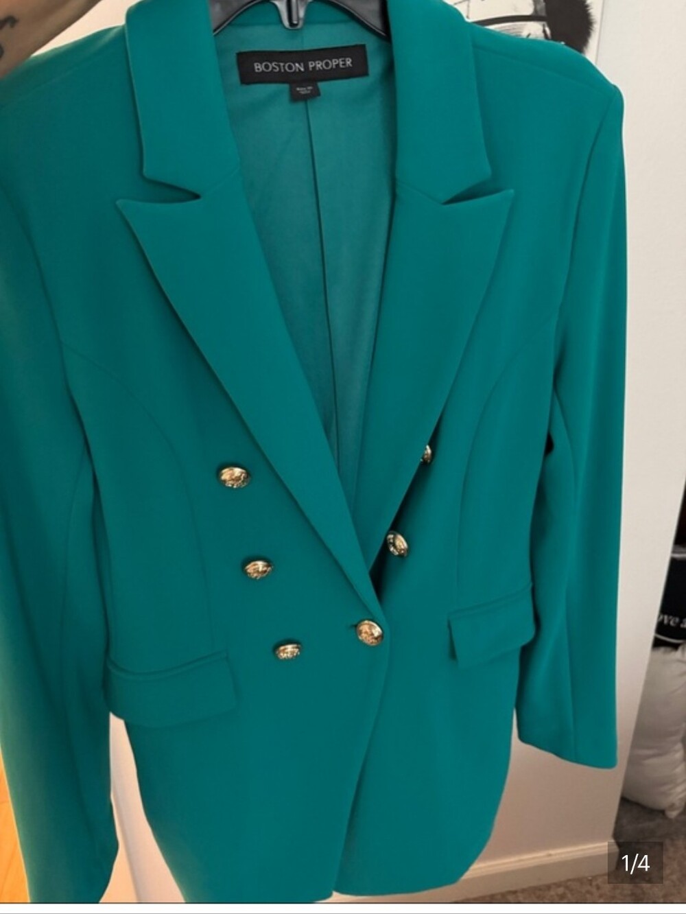 Boston Proper Teal Double-Breasted Blazer with Gold Buttons Sz14